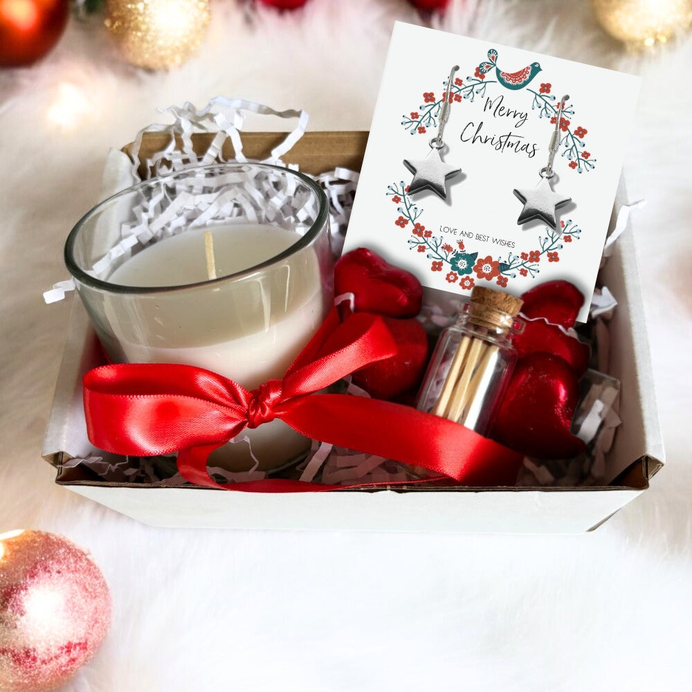 Small Merry & Bright Christmas Gift Hamper - Silver Star Drop Earrings, Chocolates & Candle