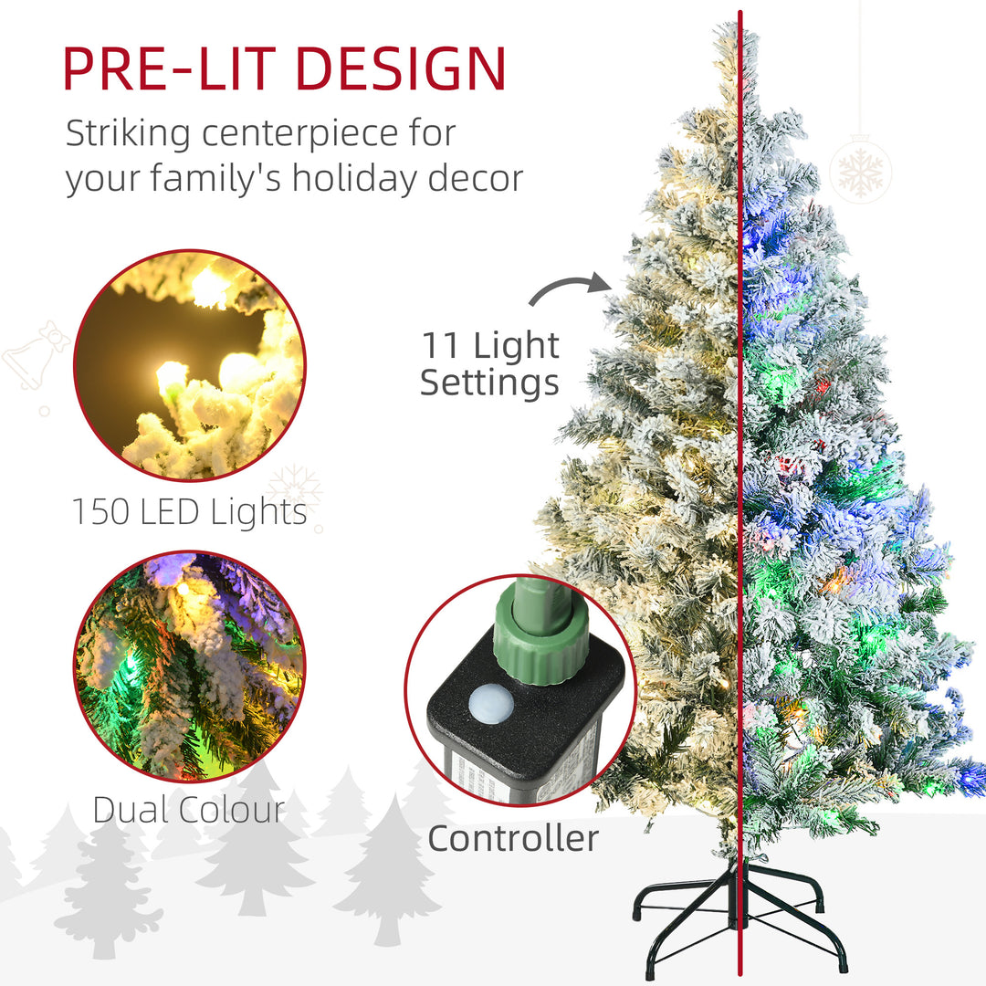 HOMCOM 4.5ft Artificial Flocked Christmas Tree with LED Lights, Snow Branches