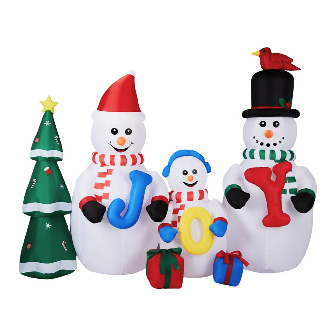 2.4M Lighted Christmas Inflatable Decoration, Inflatable Snowman Family with JOY and Xmas Tree, Funny Blow Up Yard Decorations with Built-in LED Lights for Holiday Party Front Yard Lawn Garden Decor