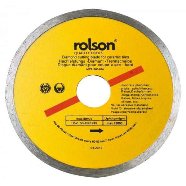 115mm Continuous Ceramic Tile Cutting Diamond Tipped Blade by Rolson Tools at Klevaro