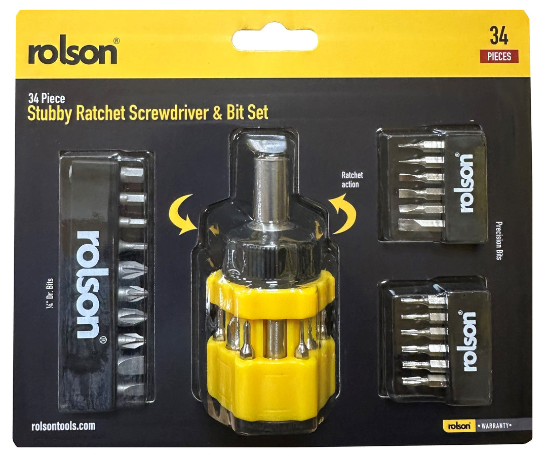 34 Piece Stubby Ratchet Screwdriver & Bit Set by Rolson Tools, image 2