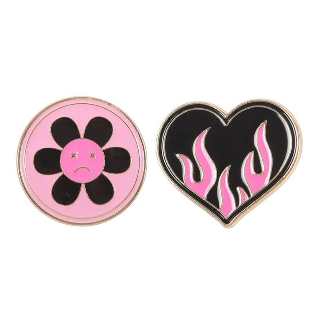 Burning Heart and Sad Flower Pin Badge Set