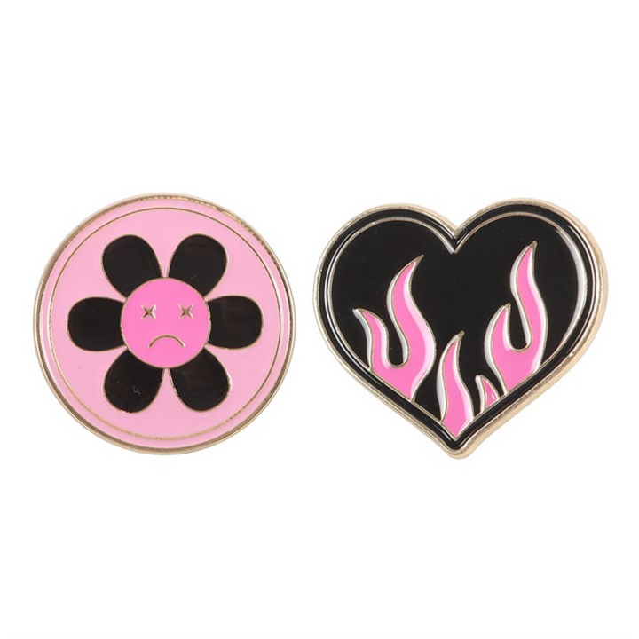 Burning Heart and Sad Flower Pin Badge Set