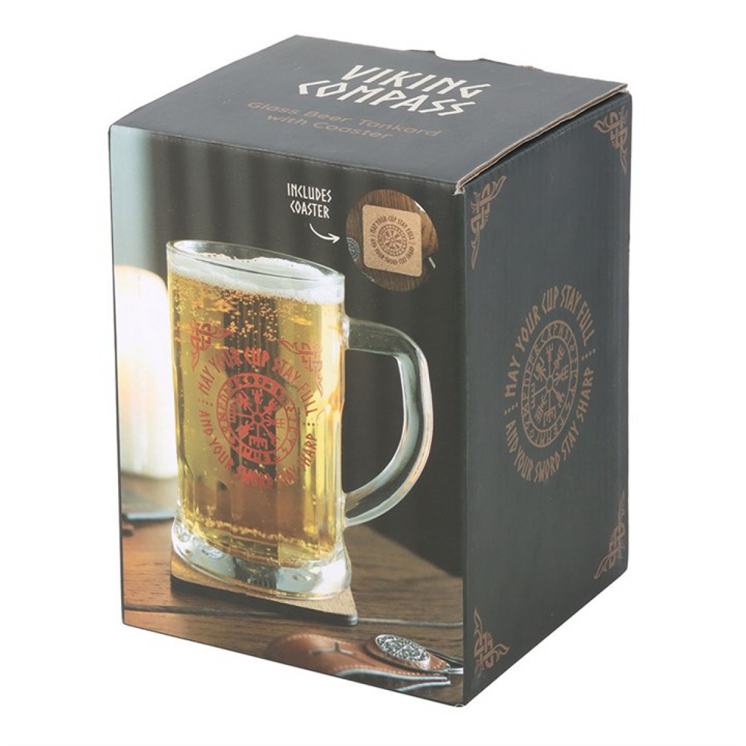 Viking Compass Glass Beer Tankard with Coaster