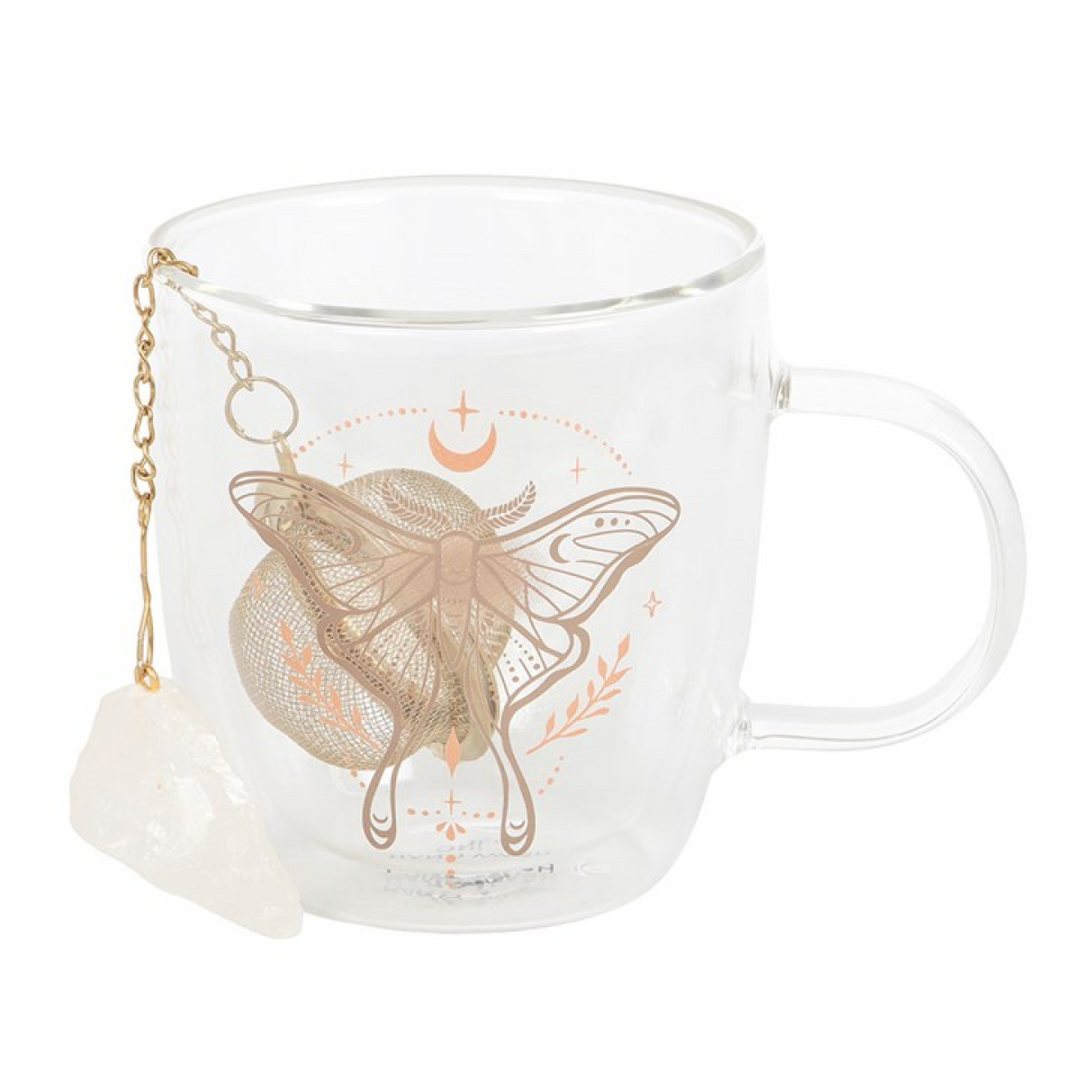 Luna Moth Double Walled Glass Mug with Crystal Tea Infuser