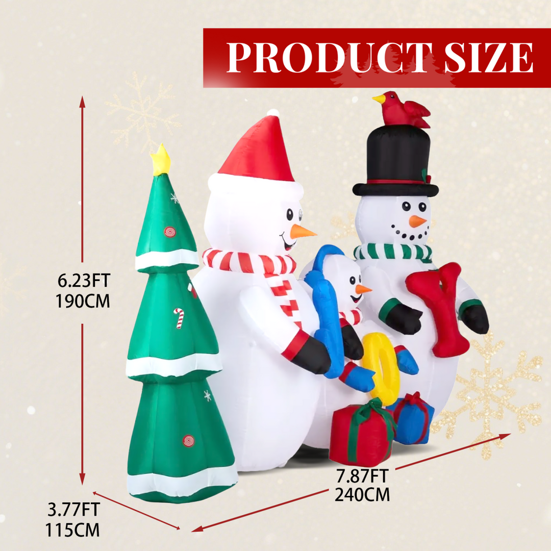 2.4M Lighted Christmas Inflatable Decoration, Inflatable Snowman Family with JOY and Xmas Tree, Funny Blow Up Yard Decorations with Built-in LED Lights for Holiday Party Front Yard Lawn Garden Decor