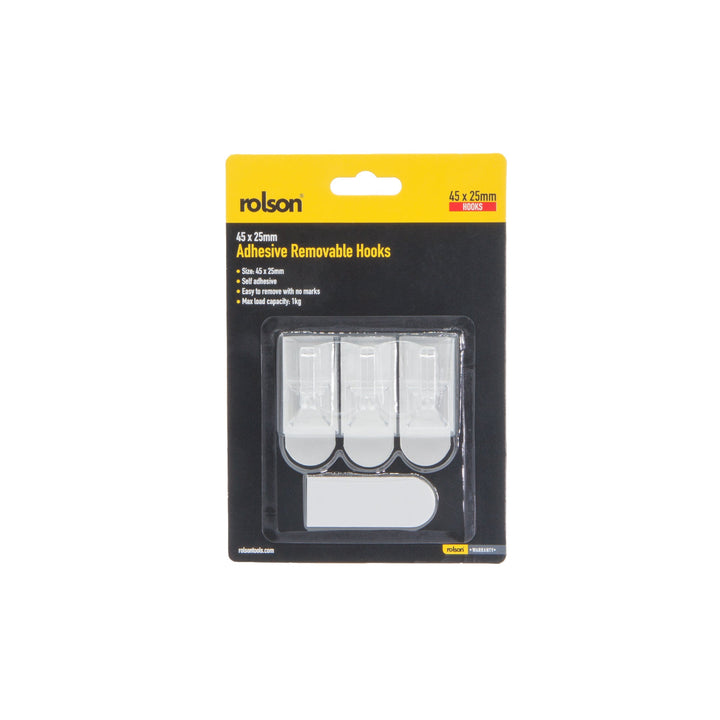 3 Piece Adhesive Removable Hooks 45 x 25mm by Rolson Tools