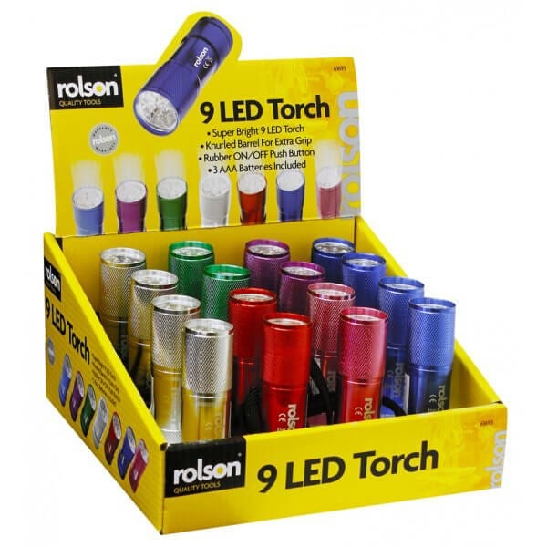 9 LED Torch 7 Colours 3AAA Batteries by Rolson Tools
