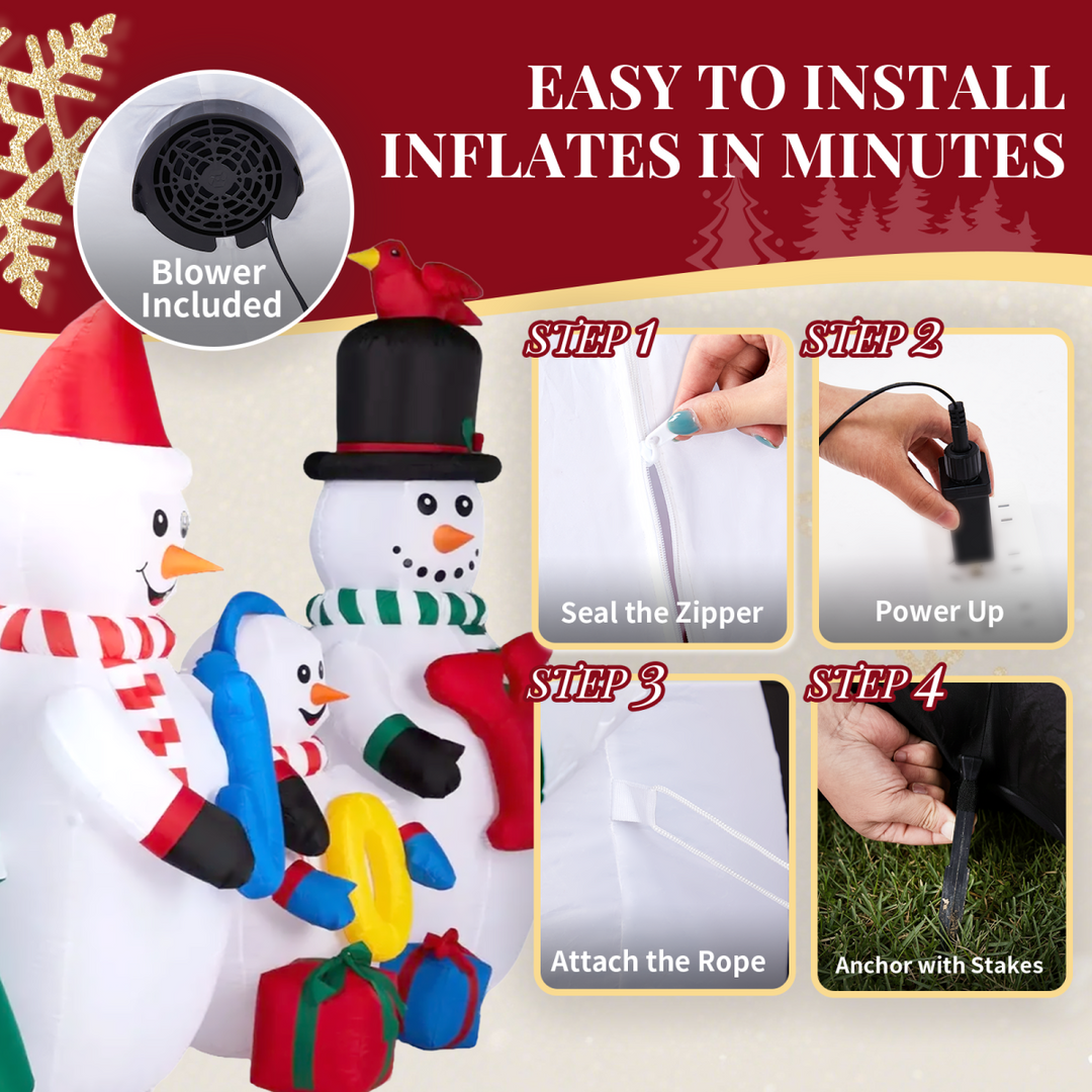 2.4M Lighted Christmas Inflatable Decoration, Inflatable Snowman Family with JOY and Xmas Tree, Funny Blow Up Yard Decorations with Built-in LED Lights for Holiday Party Front Yard Lawn Garden Decor