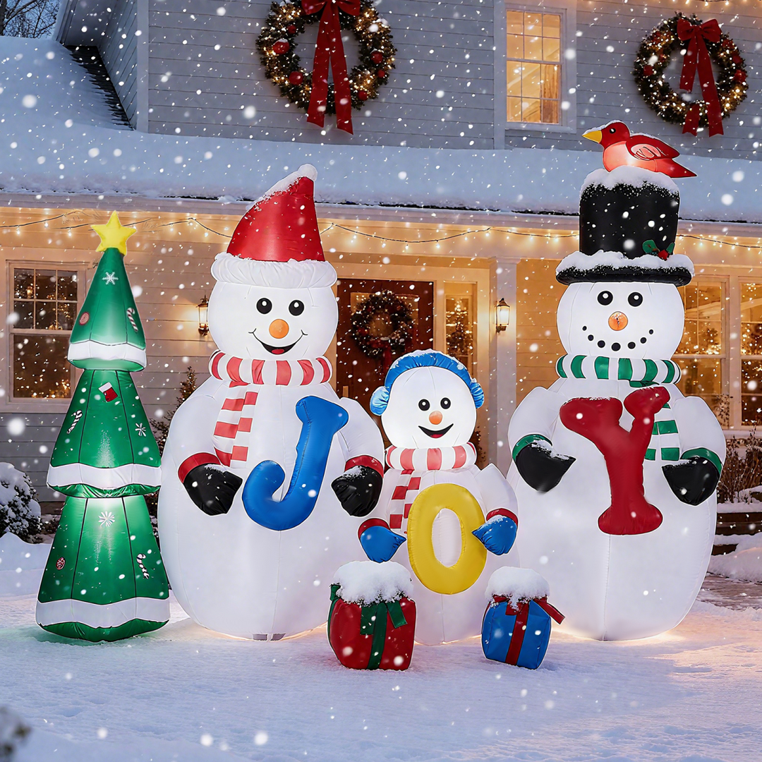 2.4M Lighted Christmas Inflatable Decoration, Inflatable Snowman Family with JOY and Xmas Tree, Funny Blow Up Yard Decorations with Built-in LED Lights for Holiday Party Front Yard Lawn Garden Decor