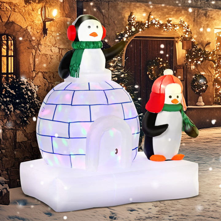 5ft Christmas Inflatable Penguins Wearing a Scarf with Ice House In & outdoors