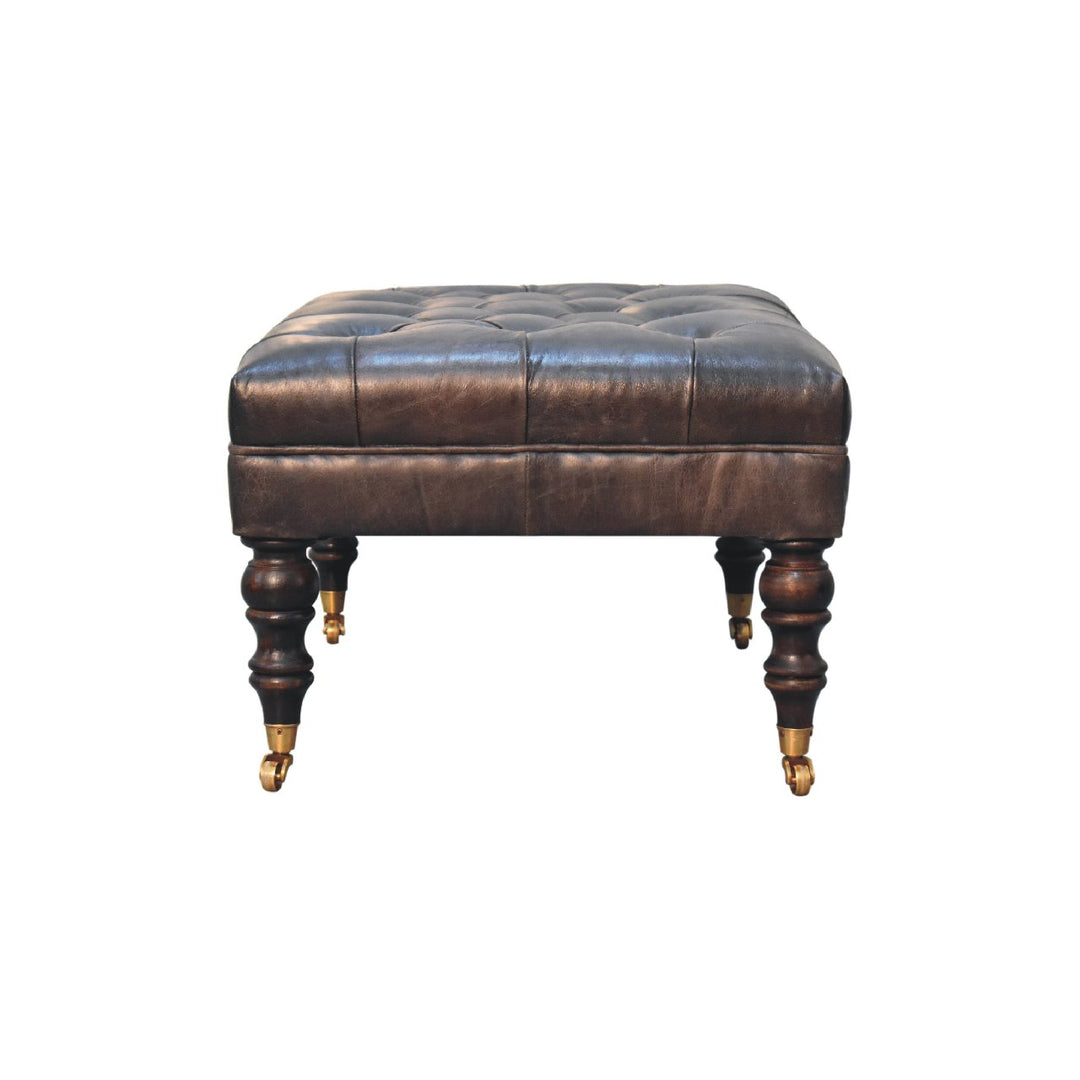 Buffalo Ash Black Leather Ottoman with Castor Legs