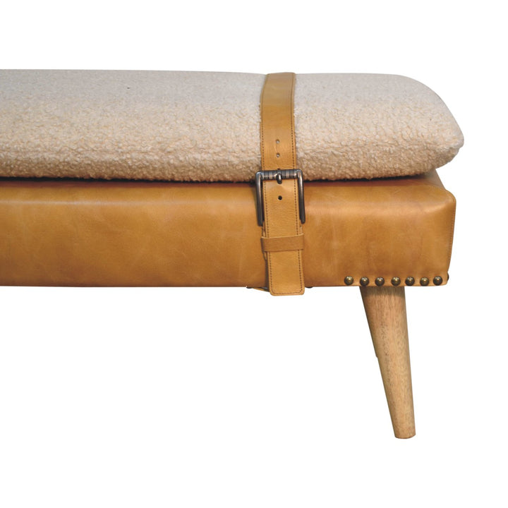 Bouclé Buffalo Hide Tan Leather Bench