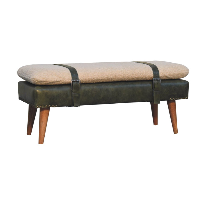 Bouclé Buffalo Hide Olive Green Leather Bench