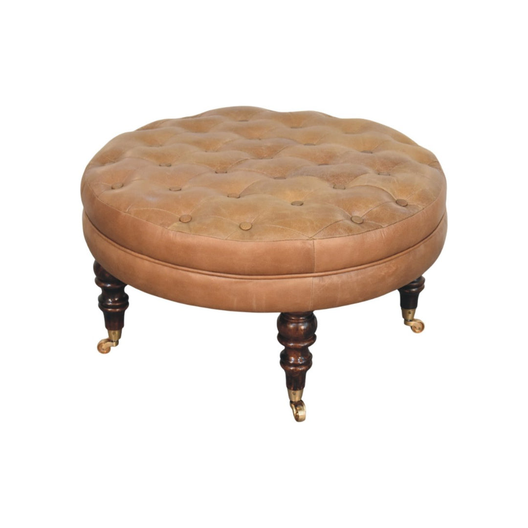 Brown Buffalo Leather Round Ottoman with Castor Legs