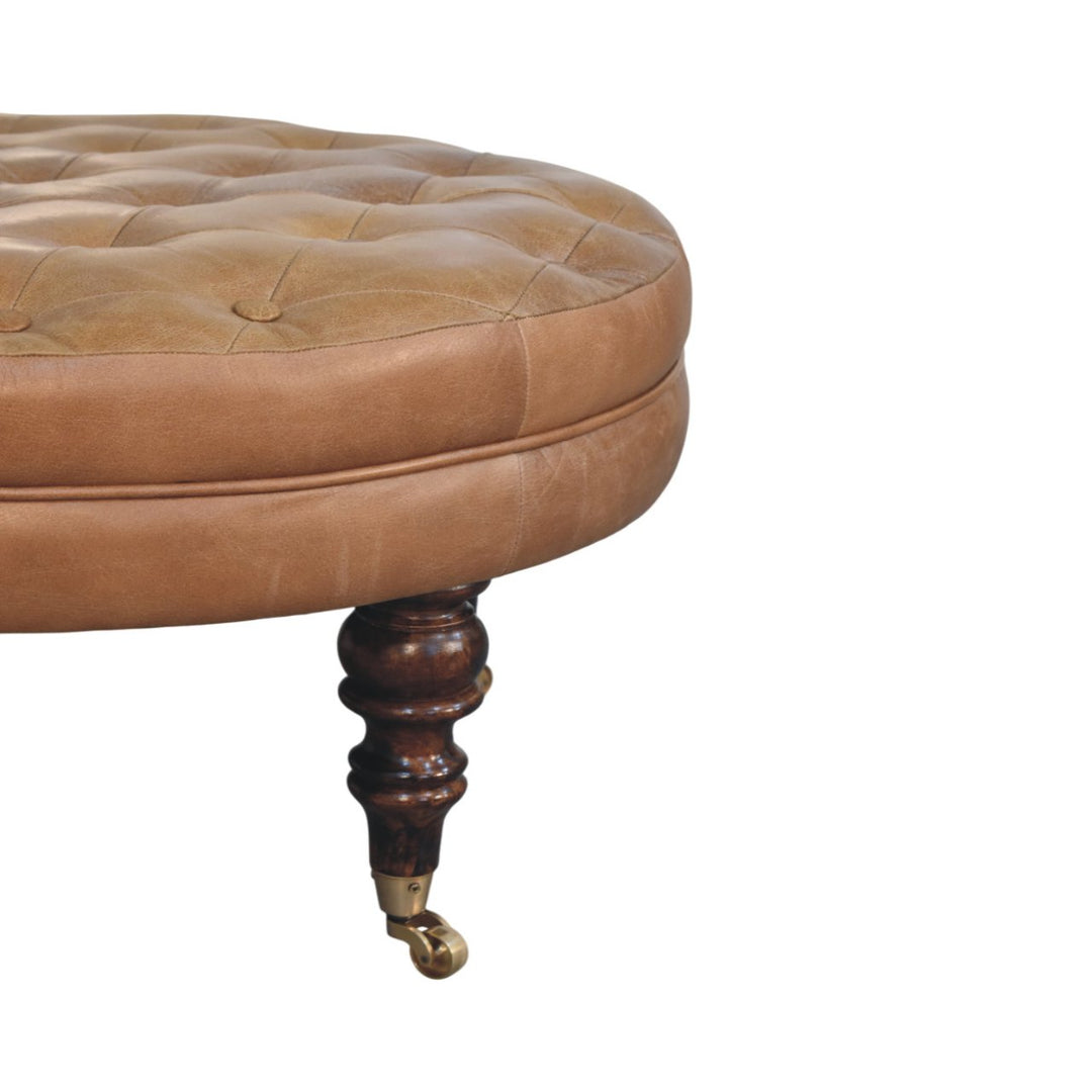 Brown Buffalo Leather Round Ottoman with Castor Legs