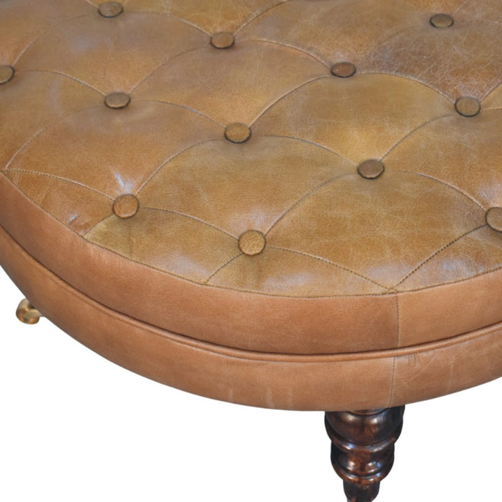 Brown Buffalo Leather Round Ottoman with Castor Legs