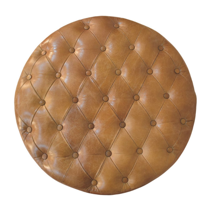 Brown Buffalo Leather Round Ottoman with Castor Legs