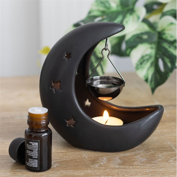 *Black Crescent Moon Hanging Ceramic and Gunmetal Oil Burner (12/48)