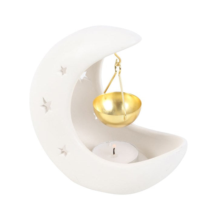 *White Crescent Moon Hanging Ceramic Oil Burner with Gold Metal Dish (12/48)