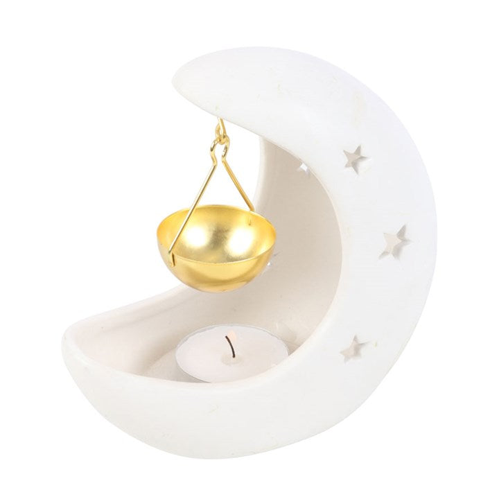 *White Crescent Moon Hanging Ceramic Oil Burner with Gold Metal Dish (12/48)