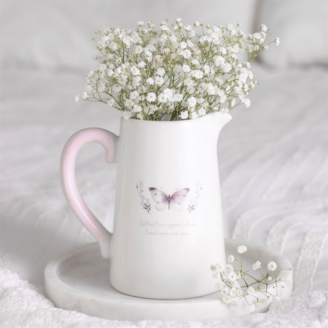 White Butterfly Print Ceramic Flower Jug