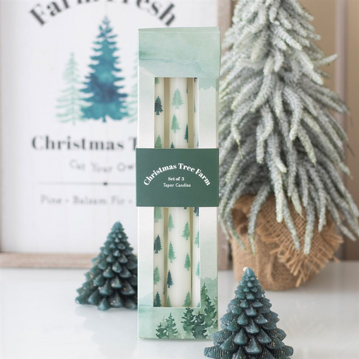 Set of 3 White Fir Tree Taper Candles