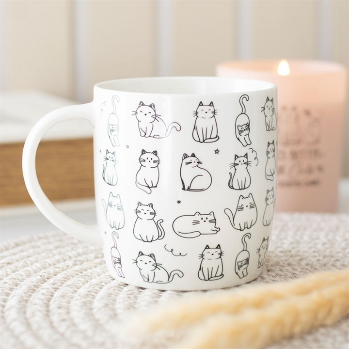 White Happy Cat Print Mug
