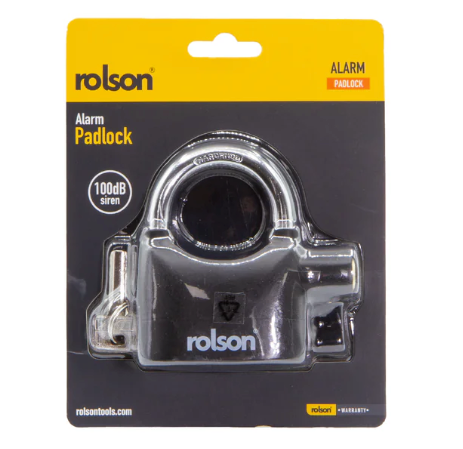 Rolson alarm padlock retail packaging showing 100dB anti theft lock